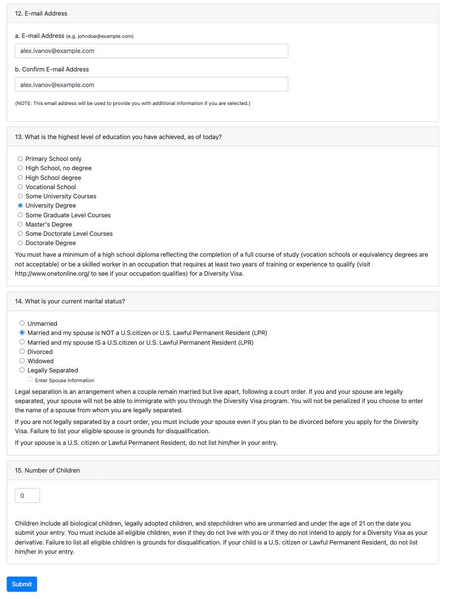 Заполнение анкеты на лотерею Грин Кард: пример